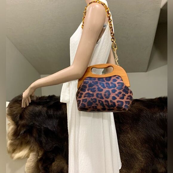 Handmade Genuine Leather Leopard Print Wooden Frame Bag/Crossbody & 2 Straps - Picture 1 of 16
